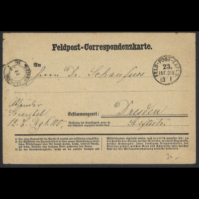 Norddeutscher Postbezirk 1871 Feldpost Correspondenz-Karte 23. Inf. Div Sachsen