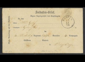 Württemberg 1878 Soldaten-Brief Kupfer n. Ludwigsburg portofrei Feldpost