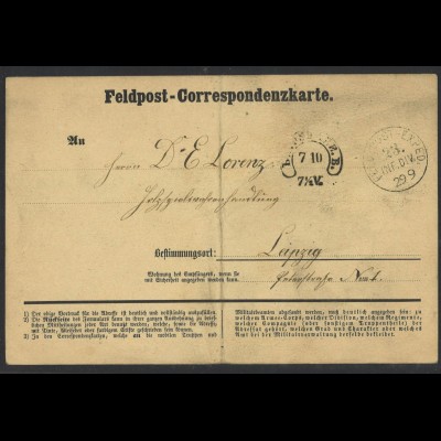 NDP 1870 Feldpost Correspondenz-Karte der 23. Inf Div n. Leipzig Spalink Stempel