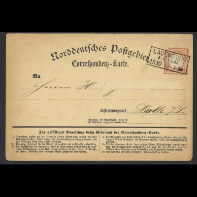 Deutsches Reich 1872 NDP Correspondenz-Karte mit EF MiNr. 14 Lauenburg a.d. Elbe