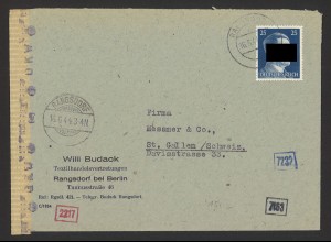 Deutsches Reich 1944 Brief EF MiNr 793 Rangsdorf + OKW Zensur St. Gallen Schweiz