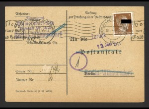 Deutsches Reich 1944 Postkarte EF MiNr. 782 Anschriftenprüfung Berlin > Retour