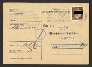 Deutsches Reich 1944 Postkarte EF MiNr. 782 Anschriftenprüfung Berlin Werbestemp