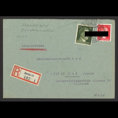 Deutsches Reich 1944 R-Brief MiF 788 + 794 Werbestempel Schreibt auf Dinformaten