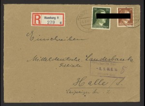 Deutsches Reich 1944 R-Brief MiF MiNr. 792 + 794 Hamburg n. Halle Landesbank