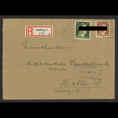 Deutsches Reich 1944 R-Brief MiF MiNr. 792 + 794 Hamburg n. Halle Landesbank