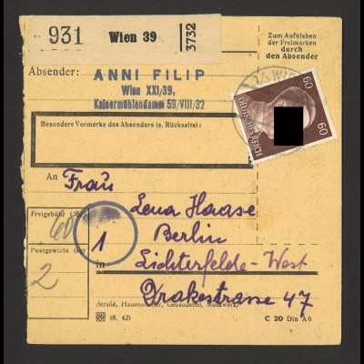 Deutsches Reich 1944 Paketkarte EF MiNr. 797 Wien nach Berlin Lichterfelde