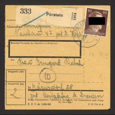 Deutsches Reich 1944 Paketkarte EF MiNr. 797 Pürstein > Moritzburg Dresden + PLZ