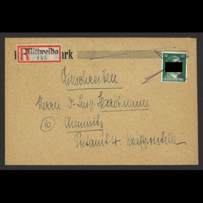 Deutsches Reich 1945 R-Brief EF MiNr. A795 Späte Post aus Mittweida n. Chemnitz