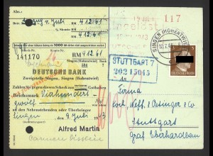 Deutsches Reich 1943 Drucksachen-Postkarte Scheck EF MiNr 782 Singen-Hohentwiel