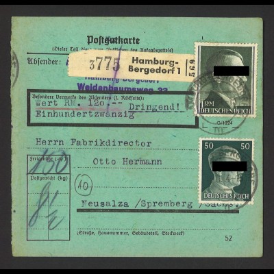 Deutsches Reich 1944 Postgutkarte MiF 50 Pf. + 1 RM Hamburg Bergedorf > Neusalza