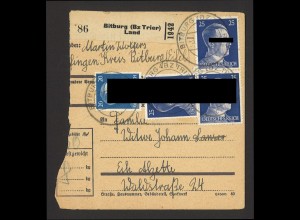 Deutsches Reich 1944 Paketkarte MiF 20 Pf. MiNr. 791 + 25 Pf. MiNr. 793 Bitburg