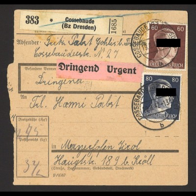 Deutsches Reich 1942 Paketkarte MiF 5 + 30 + 60 + 80 Pf. Cossebaude Dresden