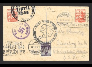 Deutsches Reich 1938 Postkarte MiF 1 + 3 Groschen Österreich nach Friedeberg CSR