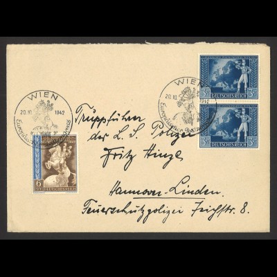 Deutsches Reich 1942 Brief MiF MiNr. 820 + 821 Wien Postkongress n. Hannover 
