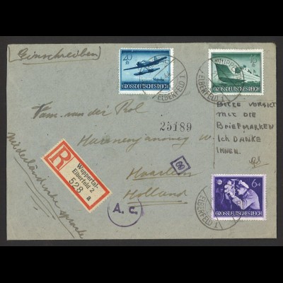 Deutsches Reich 1944 R-Brief MiF MiNr. 876, 881 + 882 Wuppertal n. Holland