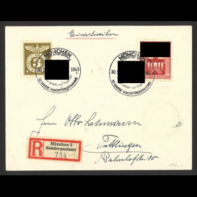 Deutsches Reich 1943 R-Brief MiF MiNr. 829 + 830 München 2 Sonderpostamt 