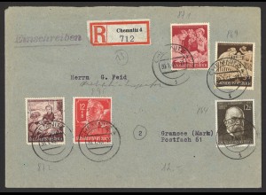 Deutsches Reich 1945 R-Brief MiF MiNr. 864, 869, 871, 872 + 895 Chemnitz Gransee