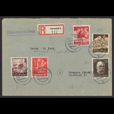 Deutsches Reich 1945 R-Brief MiF MiNr. 864, 869, 871, 872 + 895 Chemnitz Gransee