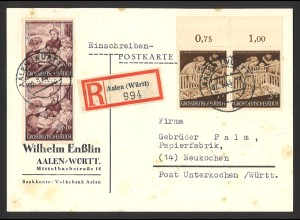 Deutsches Reich 1944 Einschreiben Postkarte MiF MiNr. 869 + 872 FDC Aalen Württ.