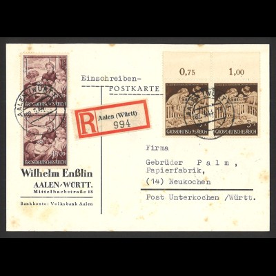 Deutsches Reich 1944 Einschreiben Postkarte MiF MiNr. 869 + 872 FDC Aalen Württ.