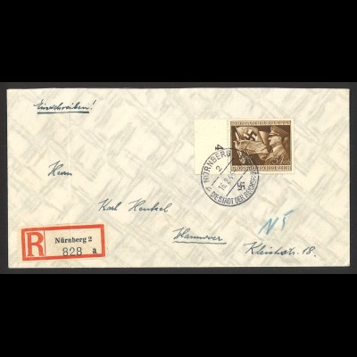 Deutsches Reich 1944 Einschreiben Brief EF MiNr. 865 Bogenrand Nürnberg Hannover
