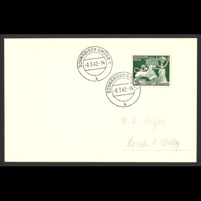 Deutsches Reich 1942 Brief FDC MiNr. 817 Schwäbisch Gmünd an H.E. Sieger Lorch