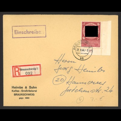 Deutsches Reich 1944 Einschreiben Brief EF MiNr 887 aus Braunschweig n. Hannover