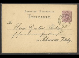 Deutsches Reich 1878 Ganzsachen-Postkarte P5 Grevesmühlen n. Schwerin (E194)