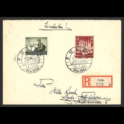 Deutsches Reich 1944 Einschreiben Brief MiF MiNr 862 + 885 SoSt Fulda n. Berlin