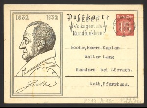 Deutsches Reich 1935 Ganzsachen-Postkarte P 214 Goethe Mannheim n. Kandern