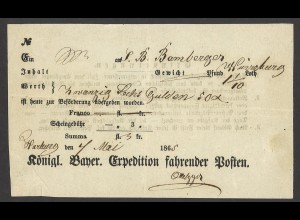 Altdeutschland Bayern 1865 Postschein Harburg n. Würzburg