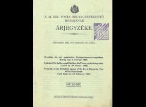 UNGARN: Preisliste des kgl. ungarischen Postmarkenverwertungsbüros, 1. Feb. 1938