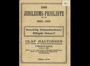 SKANDINAVIEN: Olaf Halvorsen, Jubileums-Prisliste, Christiania 1918.