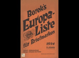 Borek's Europa-Liste für Briefmarken, Braunschweig 1934.
