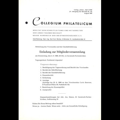 Collegium Philatelicum Heft 2/1969 (Bayern/Telegrafenmarken)
