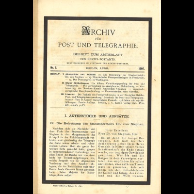 ARCHIV für Post und Telegraphie. Beiheft zum Amtsblatt, Nr. 8/1897