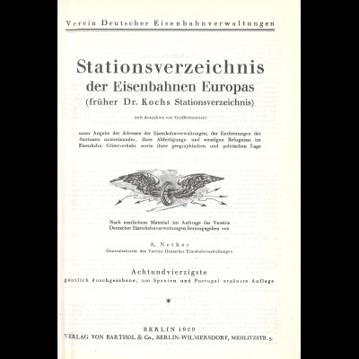 A. Nether: Stationsverzeichnis der Eisenbahnen Europas (1929)
