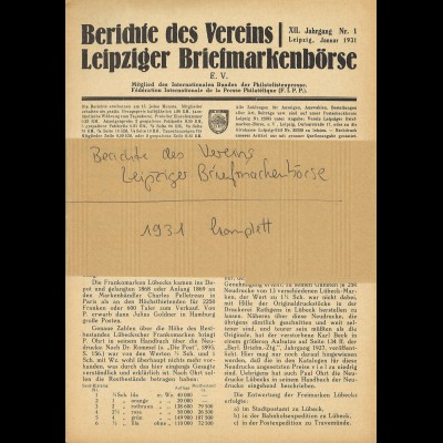 Berichte des Vereins Leipziger Briefmarkenbörse 1931 (12. Jg.)