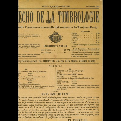 L'ECHO DE LA TIMBROLOGIE (Nr. 1/15.11.1887)