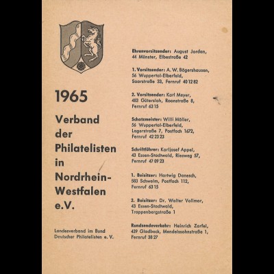Vereinsregister + Prüferverzeichnis des Verbandes der Philatelisten in NRW 1965