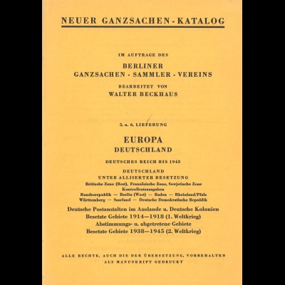 Walter Beckhaus: Neuer Ganzsachen-Katalog Deutschland (5.+6.. Lfg.) <1959>