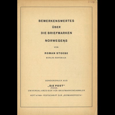 Roman Stoebe: Bemerkenswrtes über die Briefmarken Norwegens (1934)