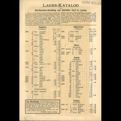 Lager-Katalog der Briefmarken-Handlung von Gebrüder Senf in Leipzig (ca. 1887) 