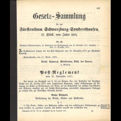  Post-Reglement 1871 + 1873 - Fürstenthum Schwarzburg-Sondershausen