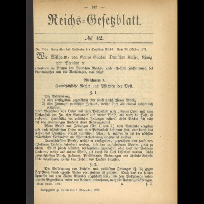  Reichsgesetzblatt (2 verschied.) zu Post- und Telegraphenordnung 1871/72